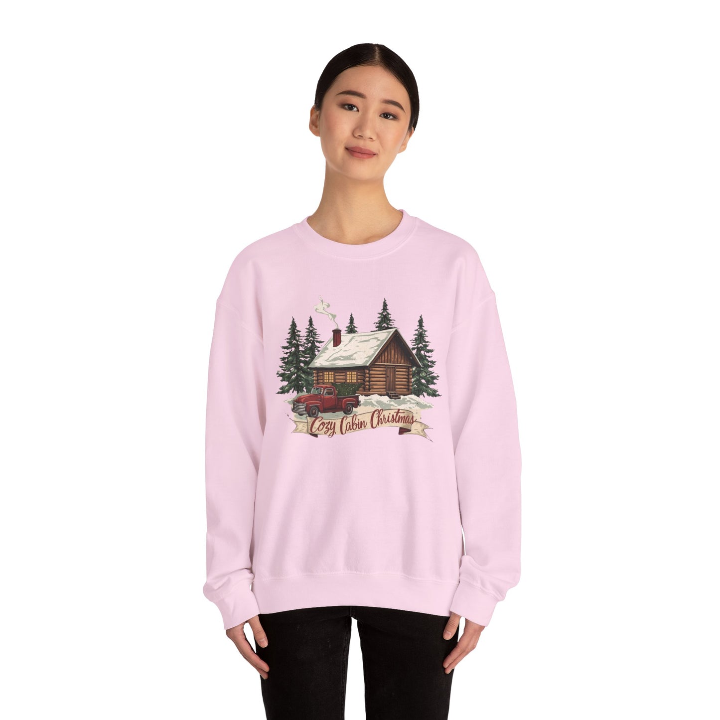 Cozy Cabin Christmas Crewneck Sweatshirt | Rustic Red Truck Holiday Sweater (9 Color Options)