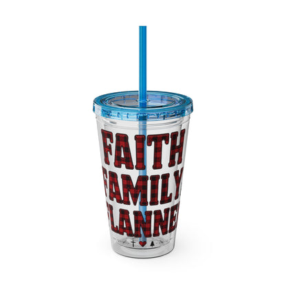 Faith, Family & Flannel Acrylic Tumbler with Straw | Christian Buffalo Plaid Cup (9 Color Options)