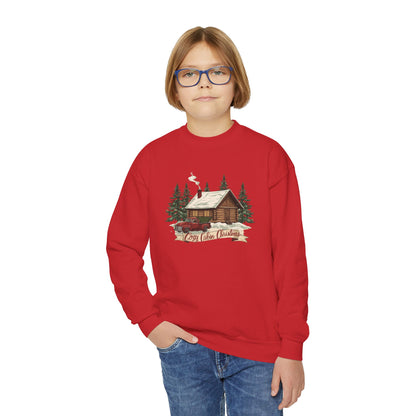 Cozy Cabin Christmas Youth Crewneck | Kids Holiday Sweatshirt | Vintage Cabin & Red Truck Christmas Sweater (10 Colors)