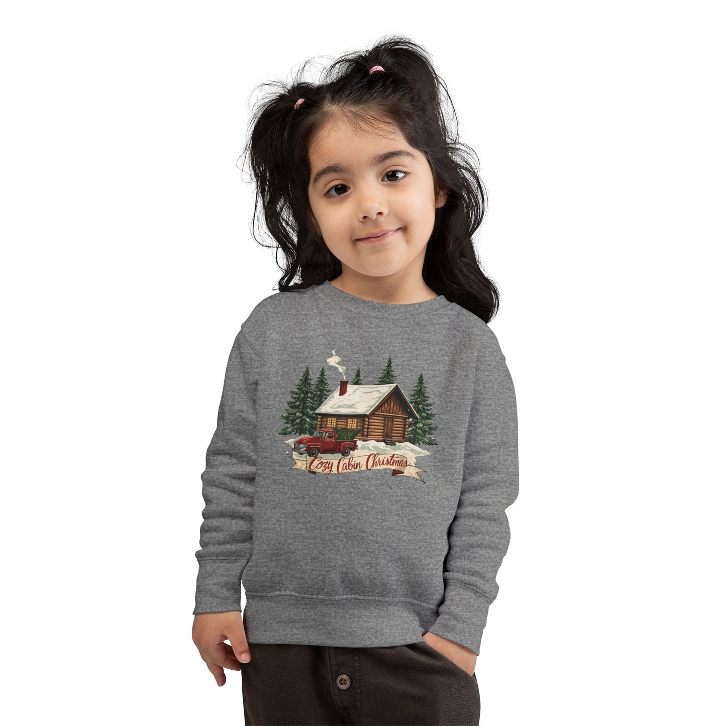 Cozy Cabin Christmas Toddler Crewneck | Kids Holiday Sweatshirt | Vintage Red Truck & Cabin Christmas Sweater (8 Colors)