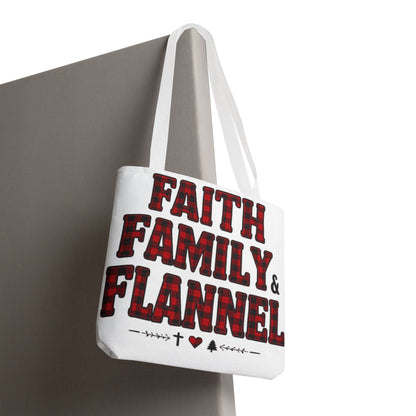 Faith, Family & Flannel Tote Bag | Buffalo Plaid Christian Tote (5 Handle Colors)