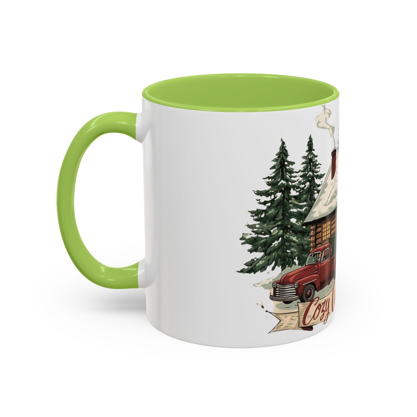 Cozy Cabin Christmas Accent Mug | Rustic Holiday Log Cabin Coffee Cup (11oz & 15oz | 8 Color Options for 11oz, 5 for 15oz)