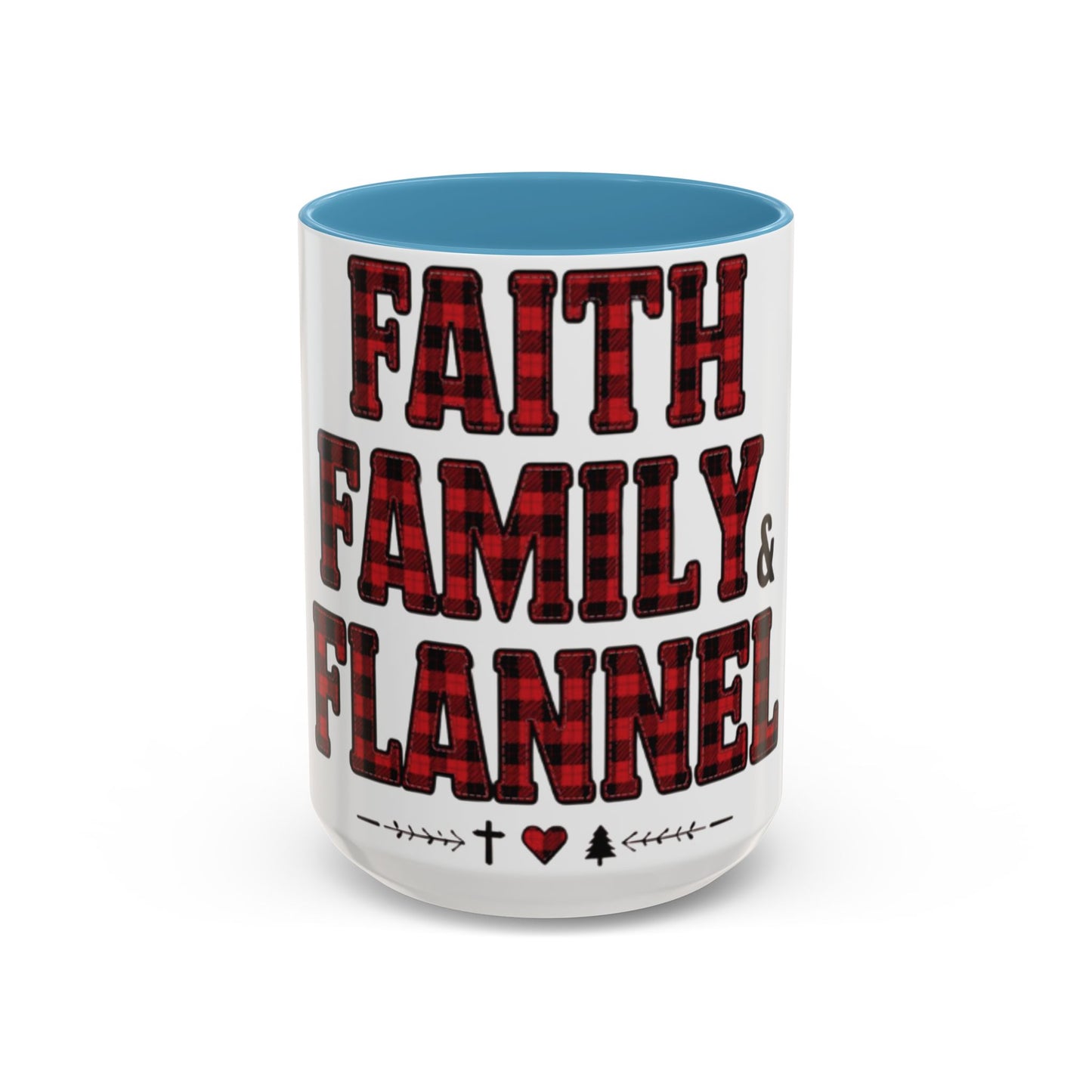 Faith, Family & Flannel Accent Mug | 11oz & 15oz Christian Coffee Cup (Multiple Colors)