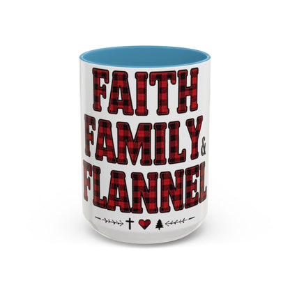 Faith, Family & Flannel Accent Mug | 11oz & 15oz Christian Coffee Cup (Multiple Colors)