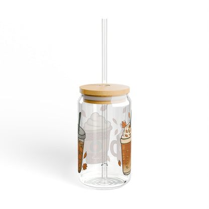 Pumpkin Spice Sipper Glass | Fall Iced Coffee Cup with Bamboo Lid & Glass Straw | Autumn Aesthetic Drinkware