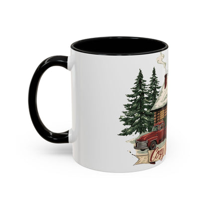 Cozy Cabin Christmas Accent Mug | Rustic Holiday Log Cabin Coffee Cup (11oz & 15oz | 8 Color Options for 11oz, 5 for 15oz)