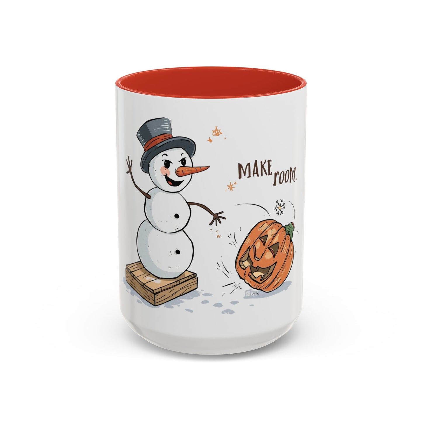 Winter to Fall Humor Mug – “Make Room” Snowman & Pumpkin Mug