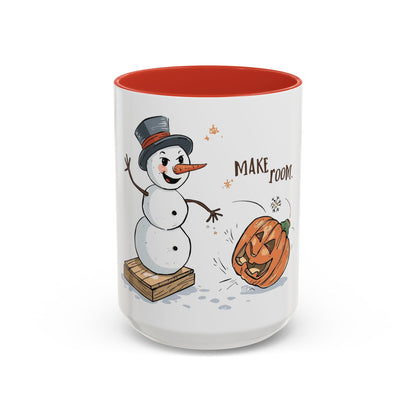 Winter to Fall Humor Mug – “Make Room” Snowman & Pumpkin Mug