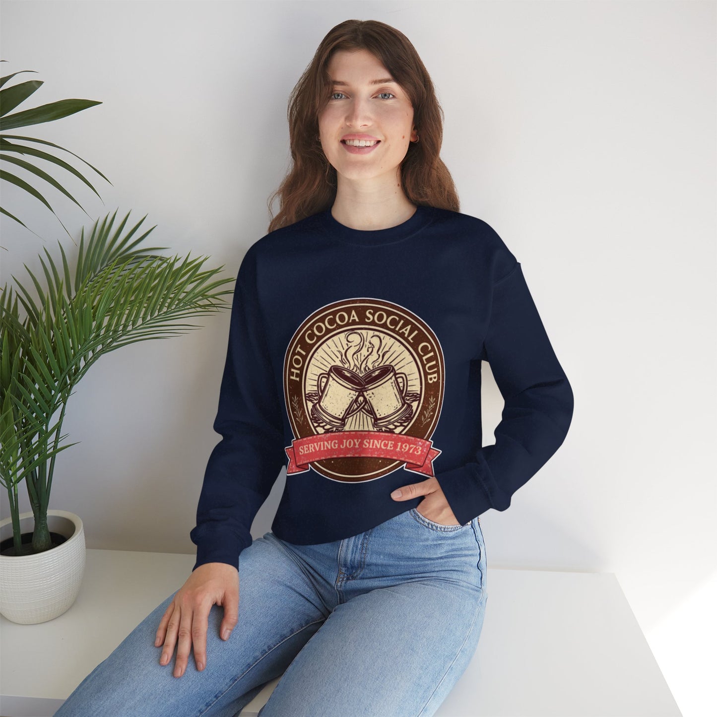 Hot Cocoa Social Club Crewneck Sweatshirt | Vintage Holiday Pullover | Cozy Winter “Serving Joy Since 1973” Sweatshirt