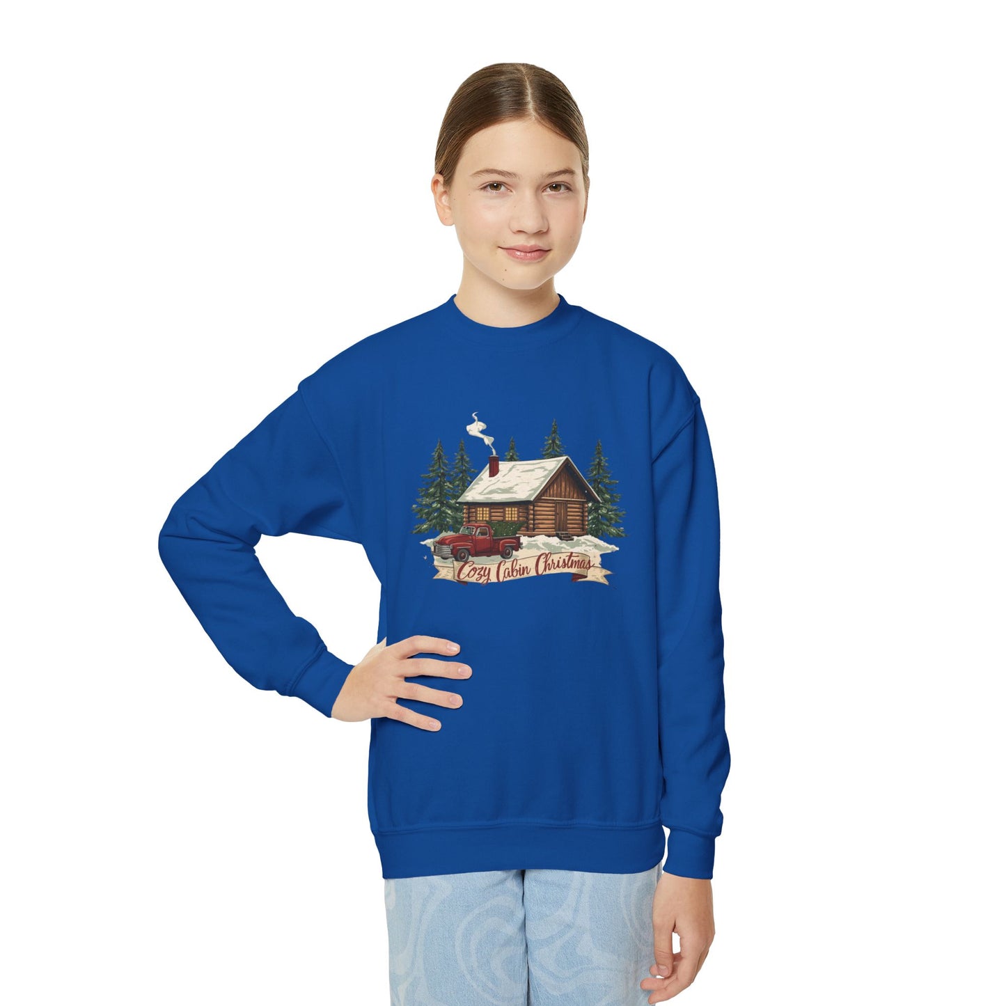 Cozy Cabin Christmas Youth Crewneck | Kids Holiday Sweatshirt | Vintage Cabin & Red Truck Christmas Sweater (10 Colors)