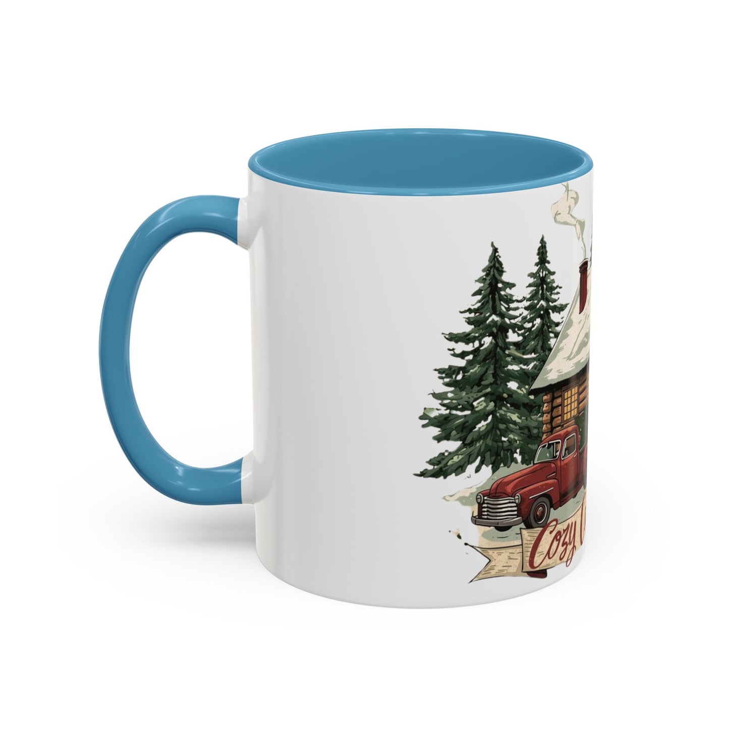 Cozy Cabin Christmas Accent Mug | Rustic Holiday Log Cabin Coffee Cup (11oz & 15oz | 8 Color Options for 11oz, 5 for 15oz)