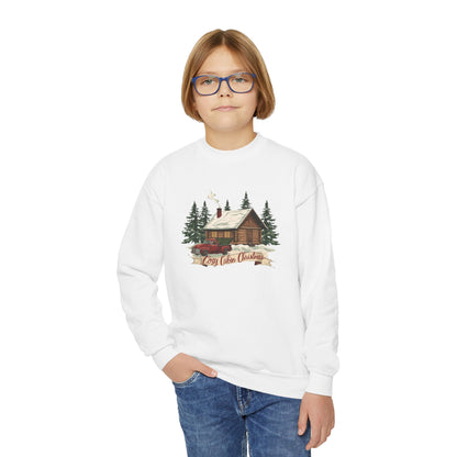 Cozy Cabin Christmas Youth Crewneck | Kids Holiday Sweatshirt | Vintage Cabin & Red Truck Christmas Sweater (10 Colors)