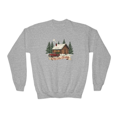 Cozy Cabin Christmas Youth Crewneck | Kids Holiday Sweatshirt | Vintage Cabin & Red Truck Christmas Sweater (10 Colors)