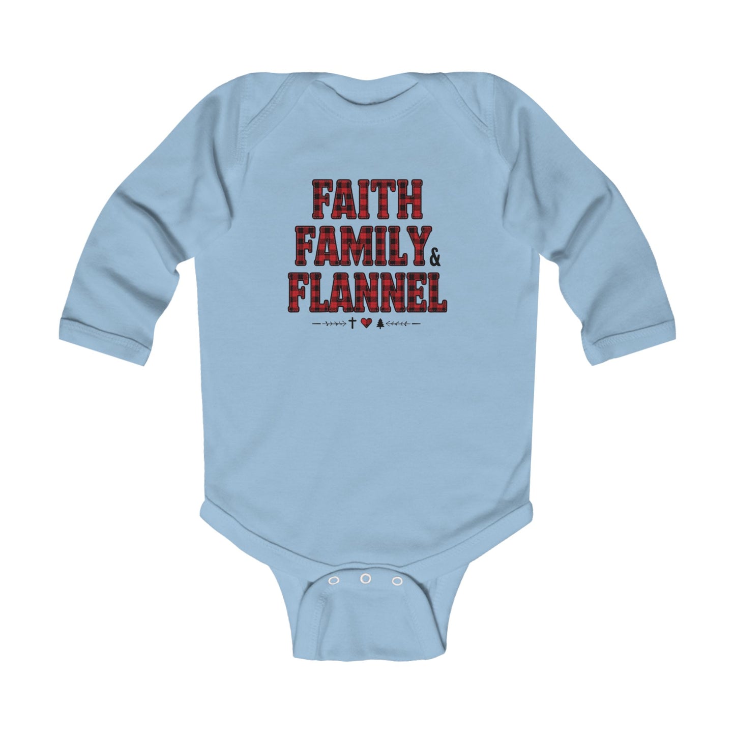 Faith, Family & Flannel Infant Onesie | Cozy Christian Baby Bodysuit (7 Colors)