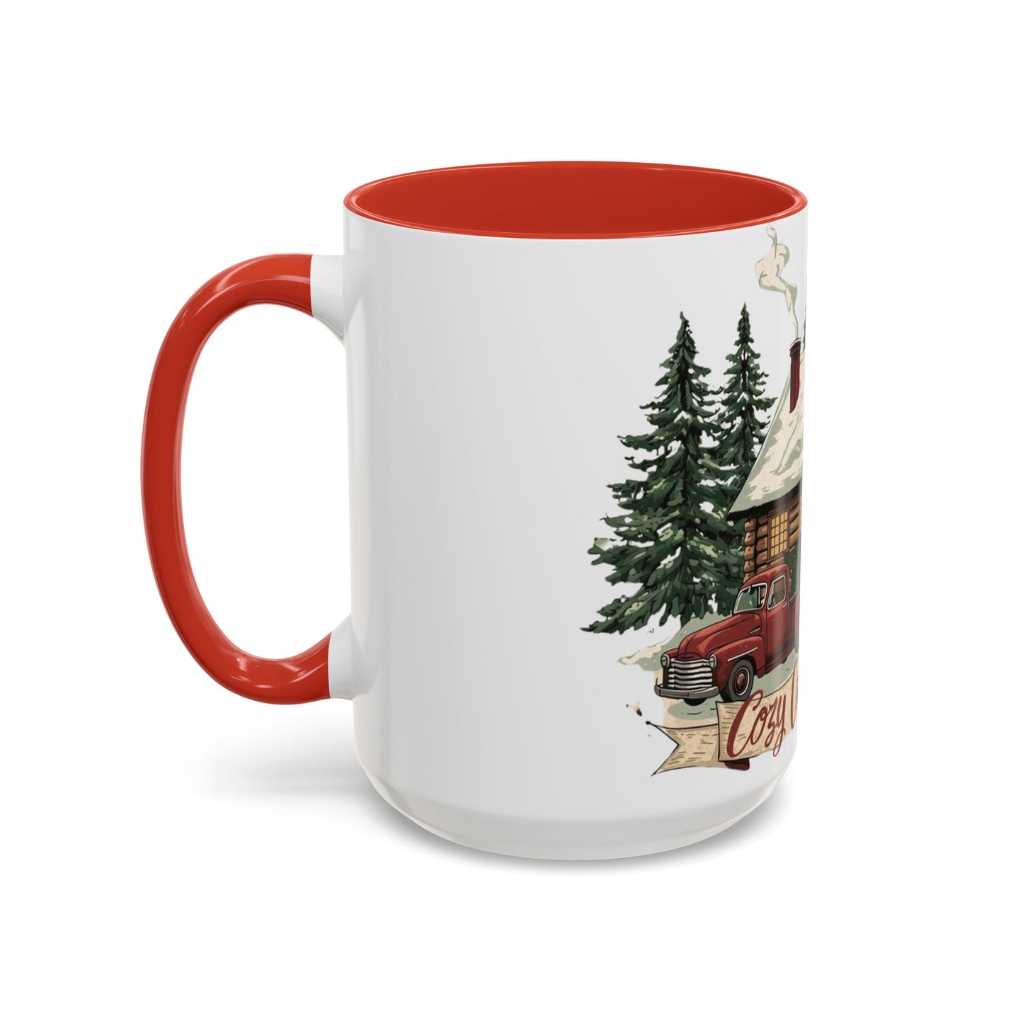 Cozy Cabin Christmas Accent Mug | Rustic Holiday Log Cabin Coffee Cup (11oz & 15oz | 8 Color Options for 11oz, 5 for 15oz)