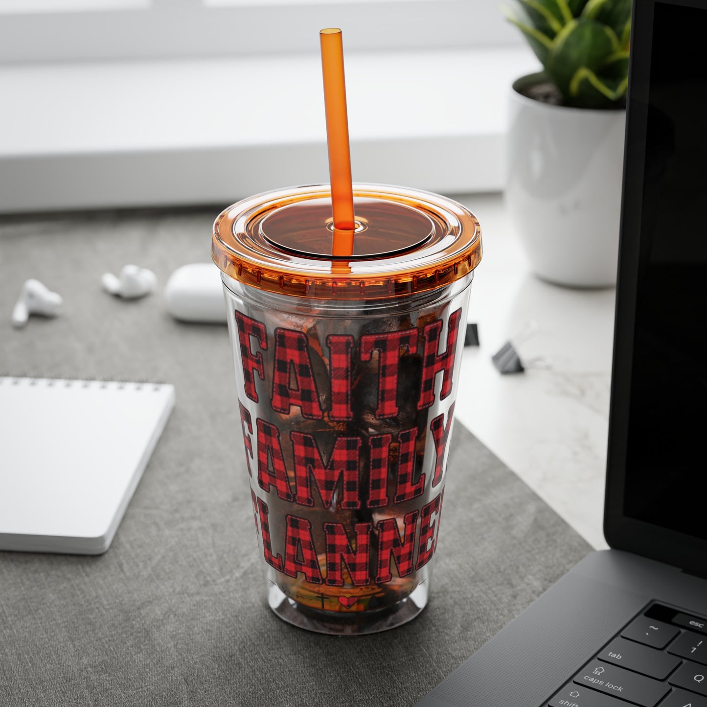 Faith, Family & Flannel Acrylic Tumbler with Straw | Christian Buffalo Plaid Cup (9 Color Options)