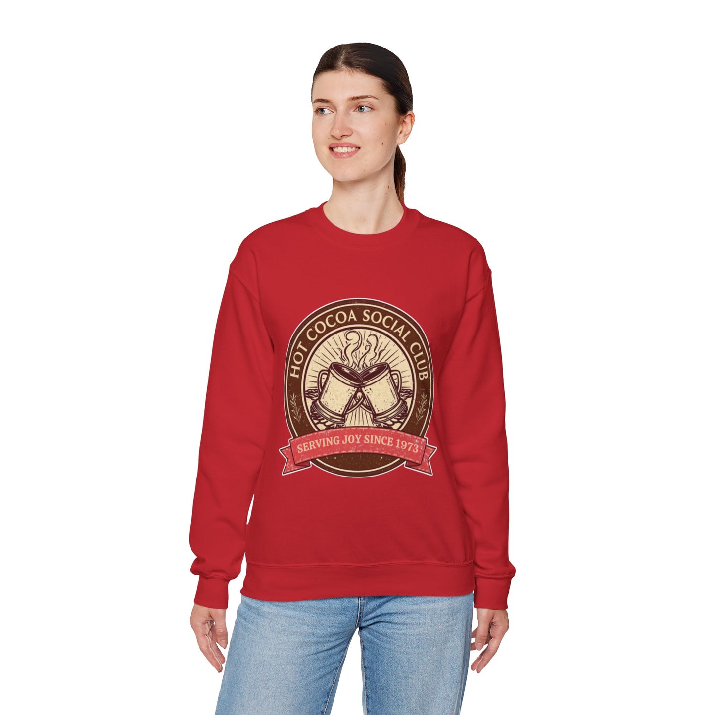 Hot Cocoa Social Club Crewneck Sweatshirt | Vintage Holiday Pullover | Cozy Winter “Serving Joy Since 1973” Sweatshirt