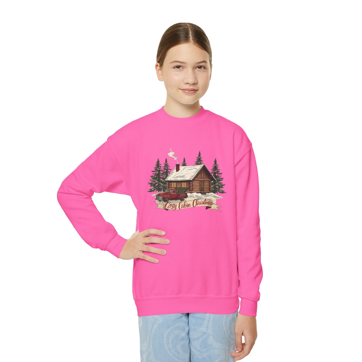 Cozy Cabin Christmas Youth Crewneck | Kids Holiday Sweatshirt | Vintage Cabin & Red Truck Christmas Sweater (10 Colors)