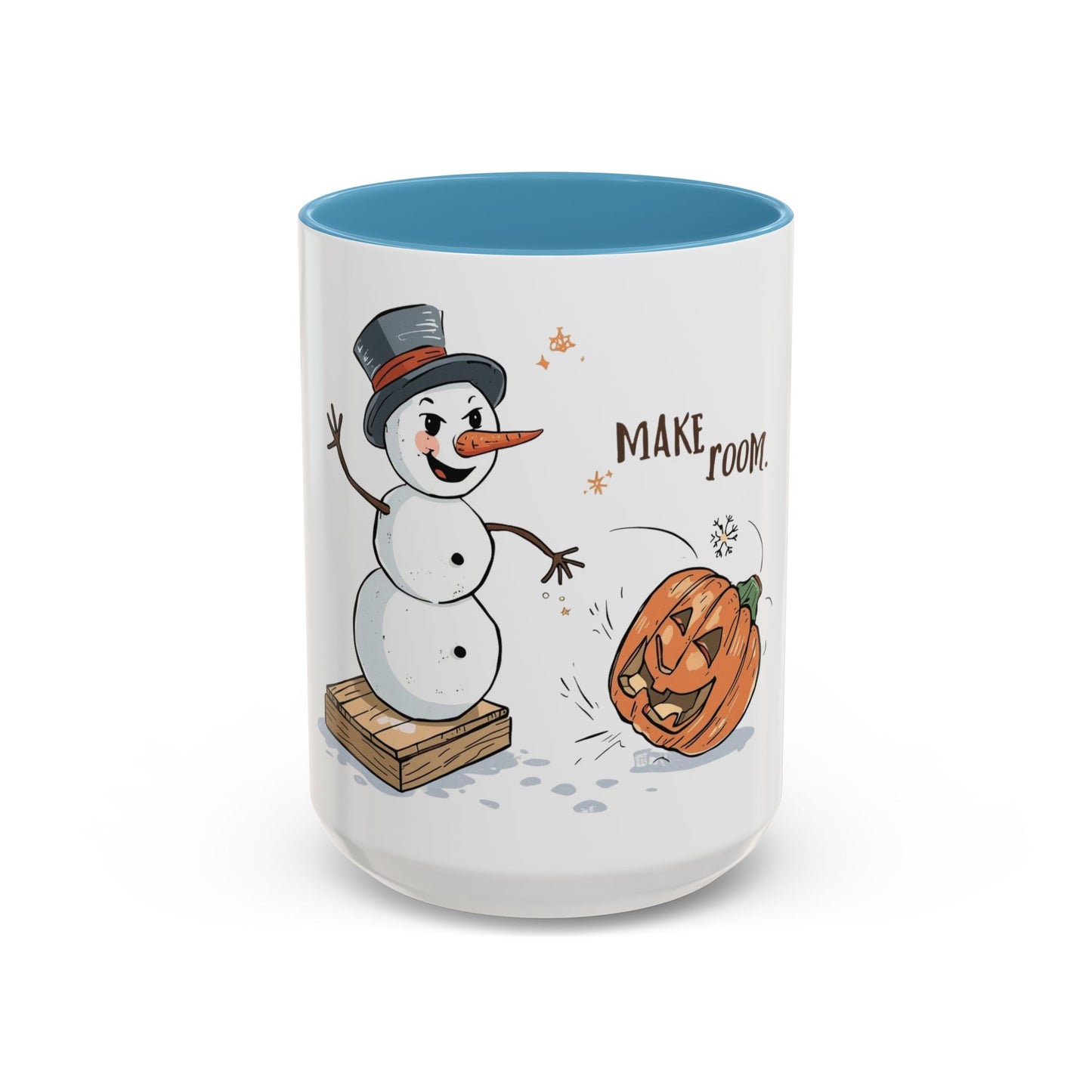 Winter to Fall Humor Mug – “Make Room” Snowman & Pumpkin Mug