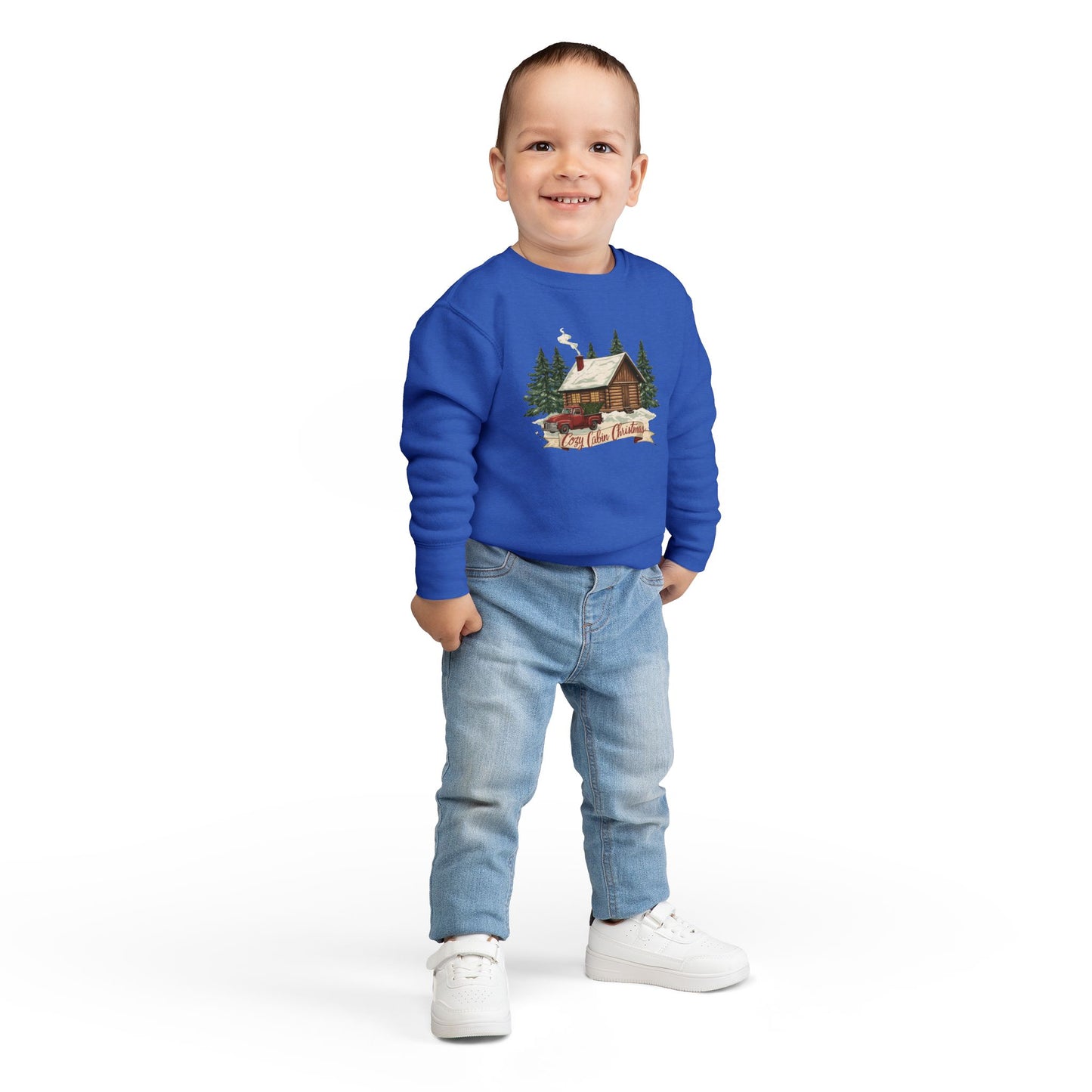 Cozy Cabin Christmas Toddler Crewneck | Kids Holiday Sweatshirt | Vintage Red Truck & Cabin Christmas Sweater (8 Colors)