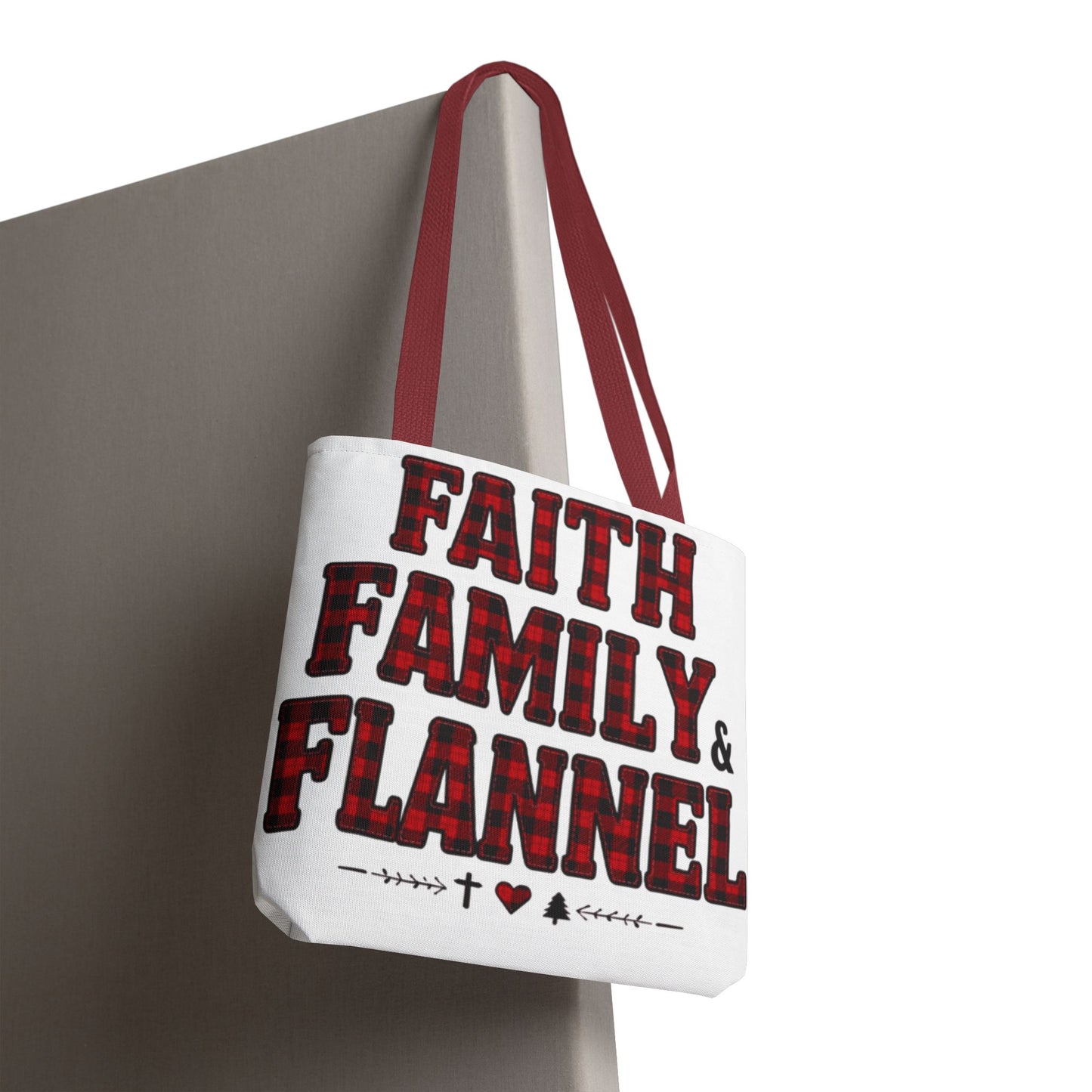 Faith, Family & Flannel Tote Bag | Buffalo Plaid Christian Tote (5 Handle Colors)