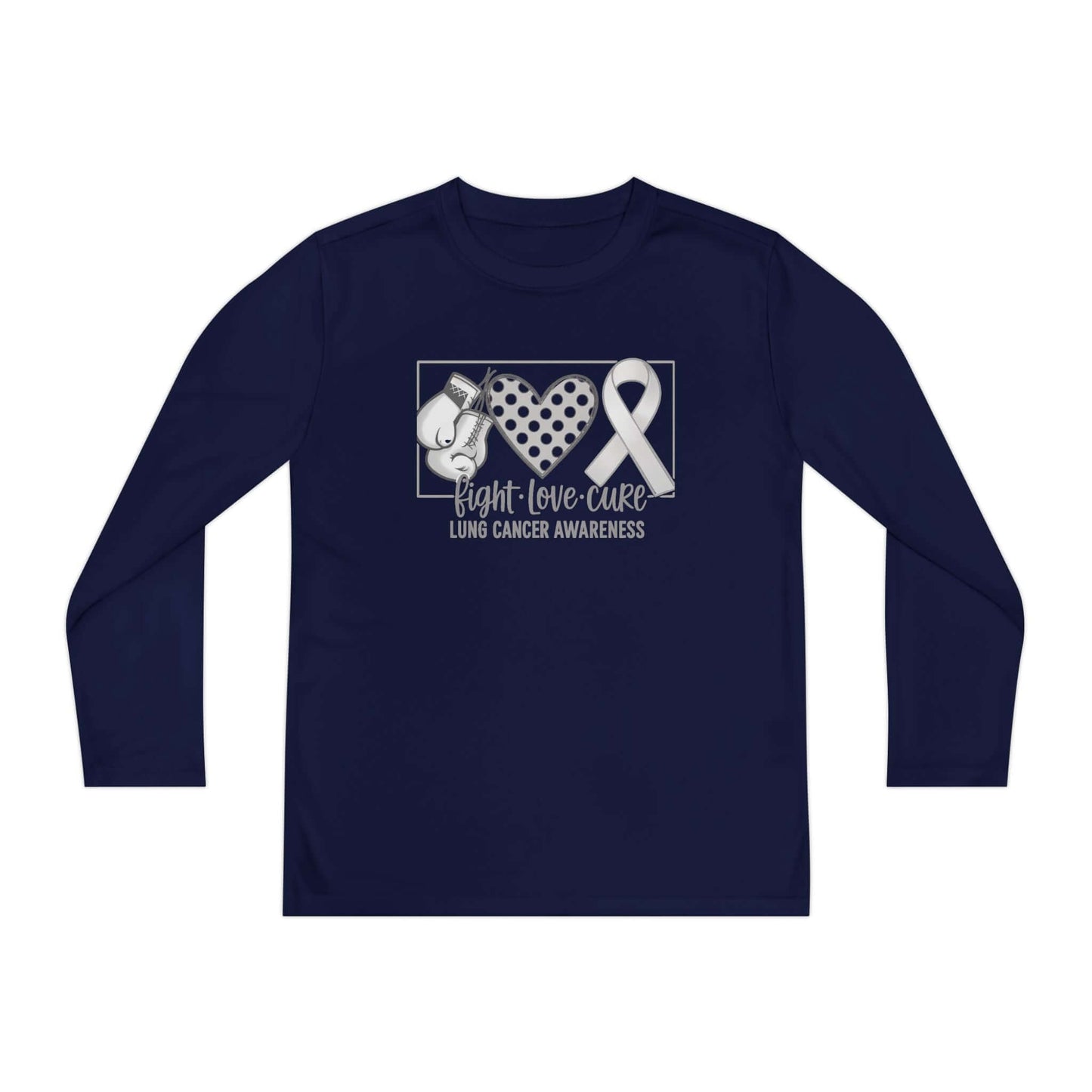 Fight Love Cure Lung Cancer Awareness Youth Long Sleeve Shirt | Kids Awareness Tee featuring boxing gloves and ribbon design.