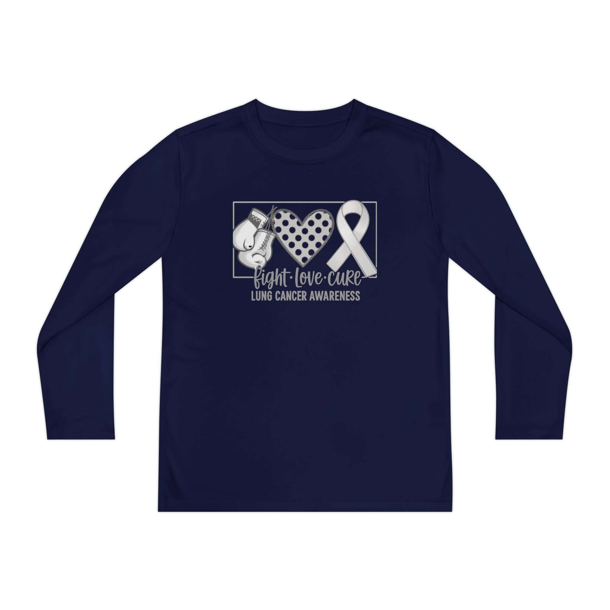Fight Love Cure Lung Cancer Awareness Youth Long Sleeve Shirt | Kids Awareness Tee featuring boxing gloves and ribbon design.