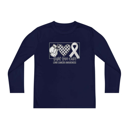 Fight Love Cure Lung Cancer Awareness Youth Long Sleeve Shirt | Kids Awareness Tee featuring boxing gloves and ribbon design.