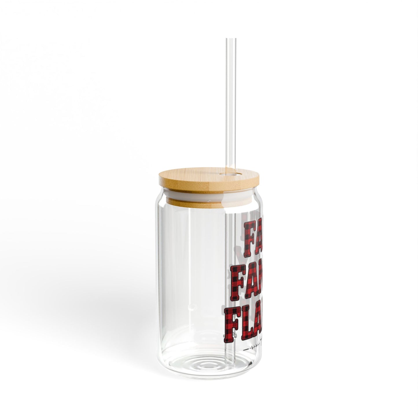 Faith, Family & Flannel Glass Sipper Cup | Christian Bamboo Lid Iced Coffee Glass with Straw