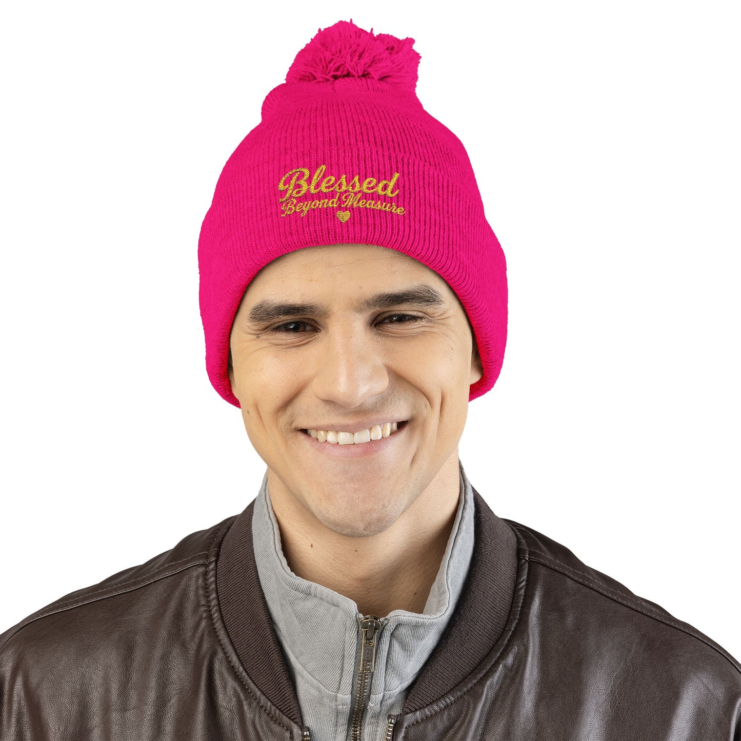 Blessed Beyond Measure Pom Pom Beanie – Embroidered Faith Winter Hat (10 Colors)