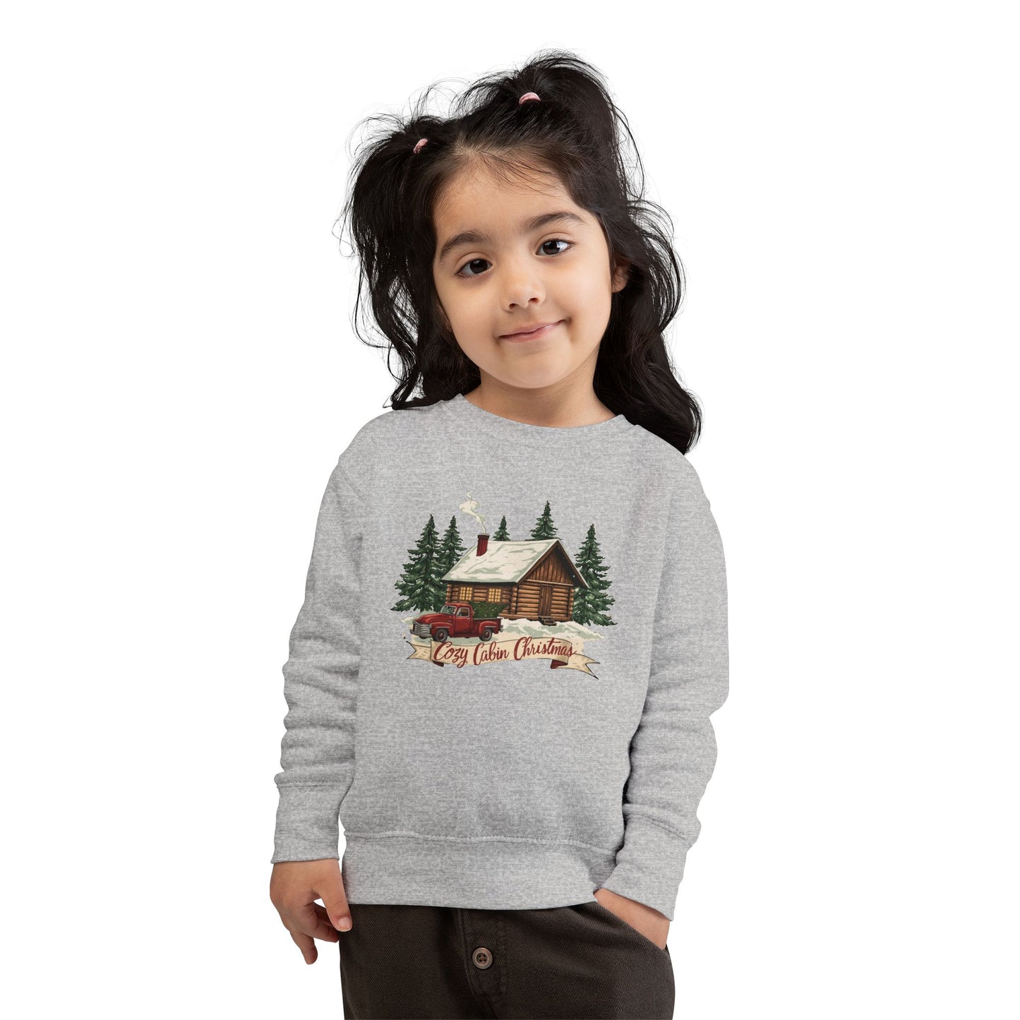 Cozy Cabin Christmas Toddler Crewneck | Kids Holiday Sweatshirt | Vintage Red Truck & Cabin Christmas Sweater (8 Colors)