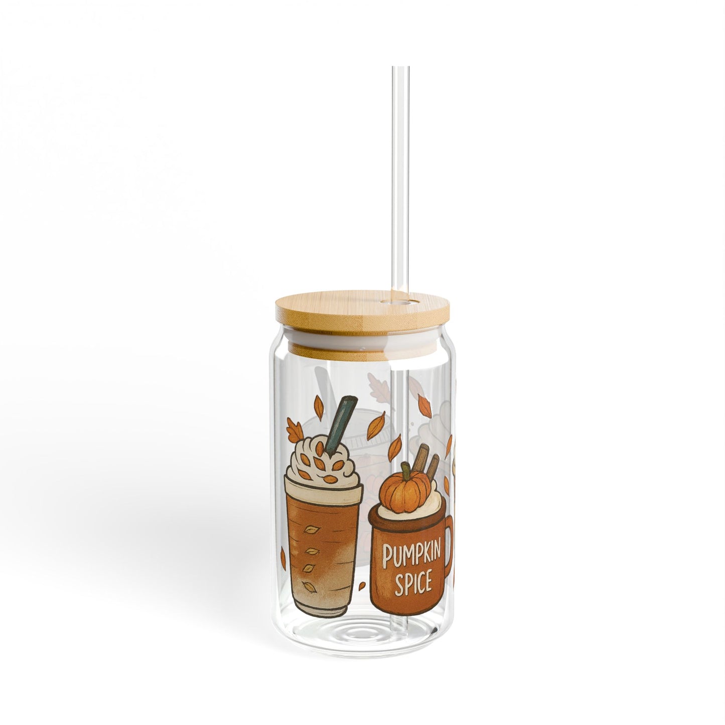 Pumpkin Spice Sipper Glass | Fall Iced Coffee Cup with Bamboo Lid & Glass Straw | Autumn Aesthetic Drinkware