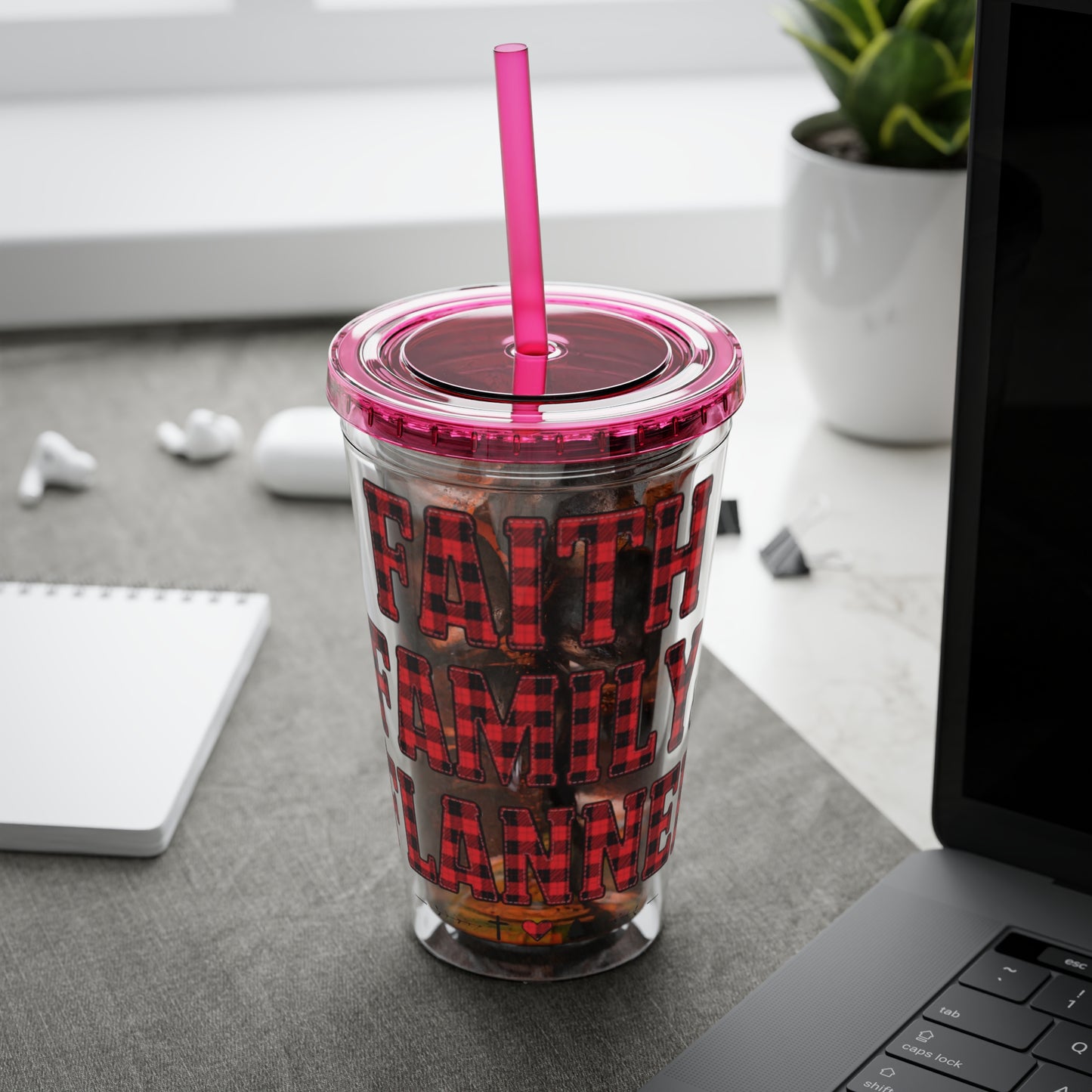 Faith, Family & Flannel Acrylic Tumbler with Straw | Christian Buffalo Plaid Cup (9 Color Options)