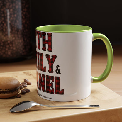 Faith, Family & Flannel Accent Mug | 11oz & 15oz Christian Coffee Cup (Multiple Colors)