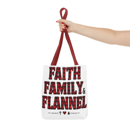 Faith, Family & Flannel Tote Bag | Buffalo Plaid Christian Tote (5 Handle Colors)