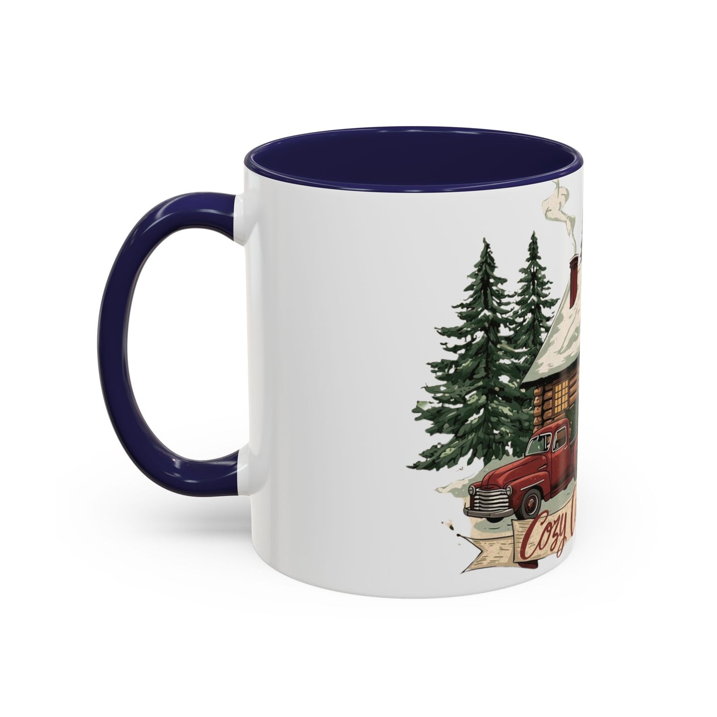 Cozy Cabin Christmas Accent Mug | Rustic Holiday Log Cabin Coffee Cup (11oz & 15oz | 8 Color Options for 11oz, 5 for 15oz)