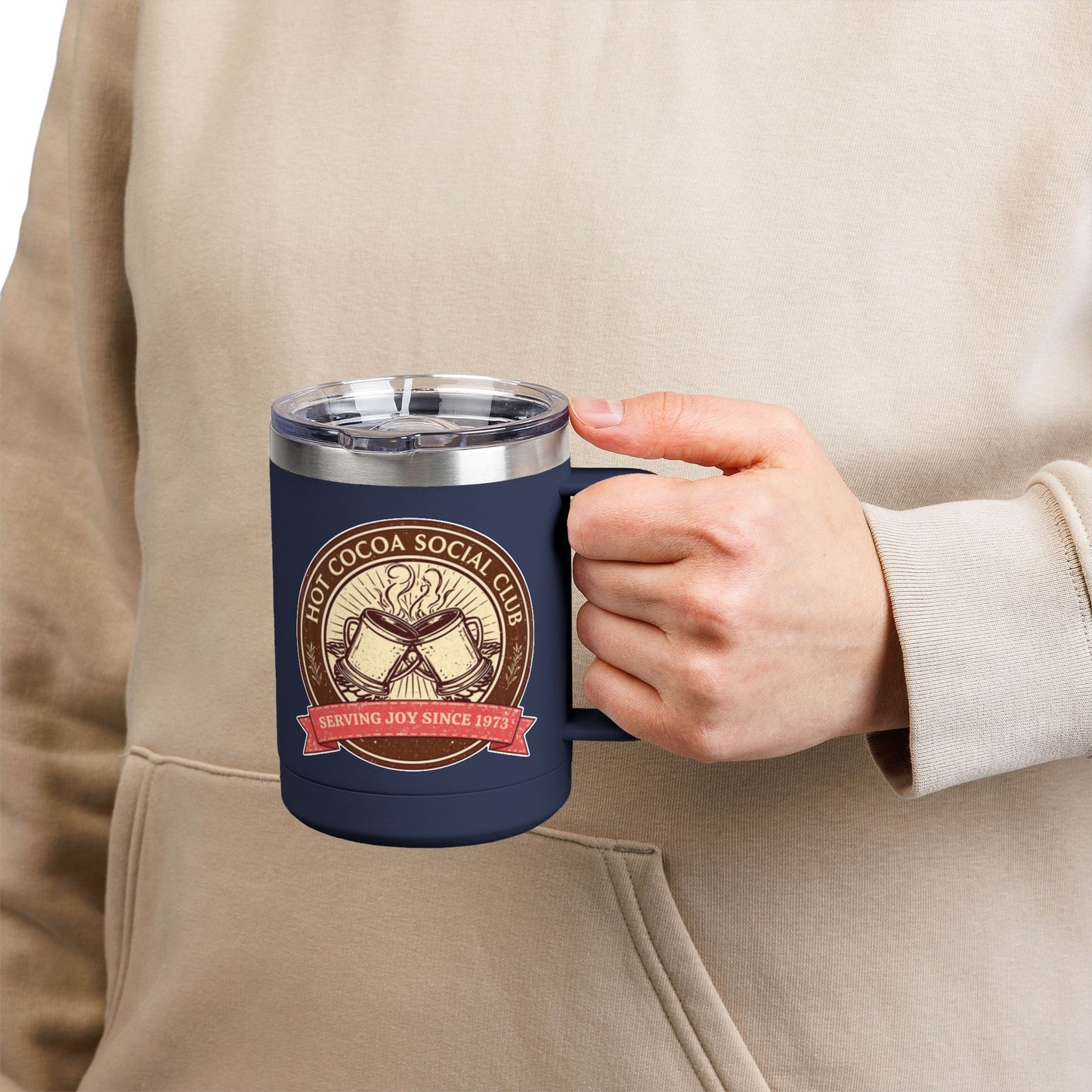 Hot Cocoa Social Club Insulated Coffee Tumbler | Cozy Vintage Mug | Double-Wall Stainless Steel Holiday Drinkware