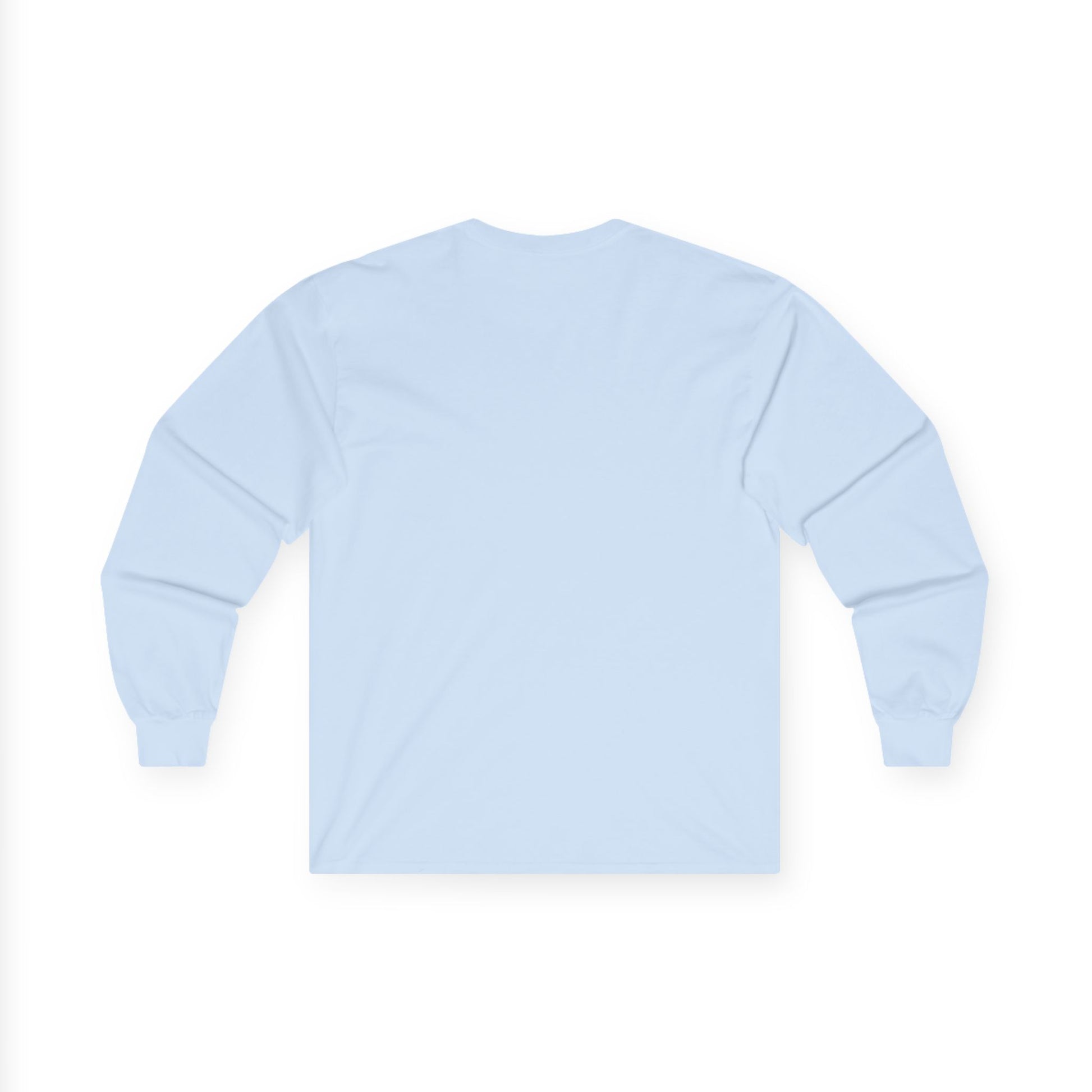 Back view of Carolina blue Gildan 2400 long sleeve unisex t-shirt, featuring cuffed sleeves and solid color design, perfect for custom printing, casual wear, and layering.