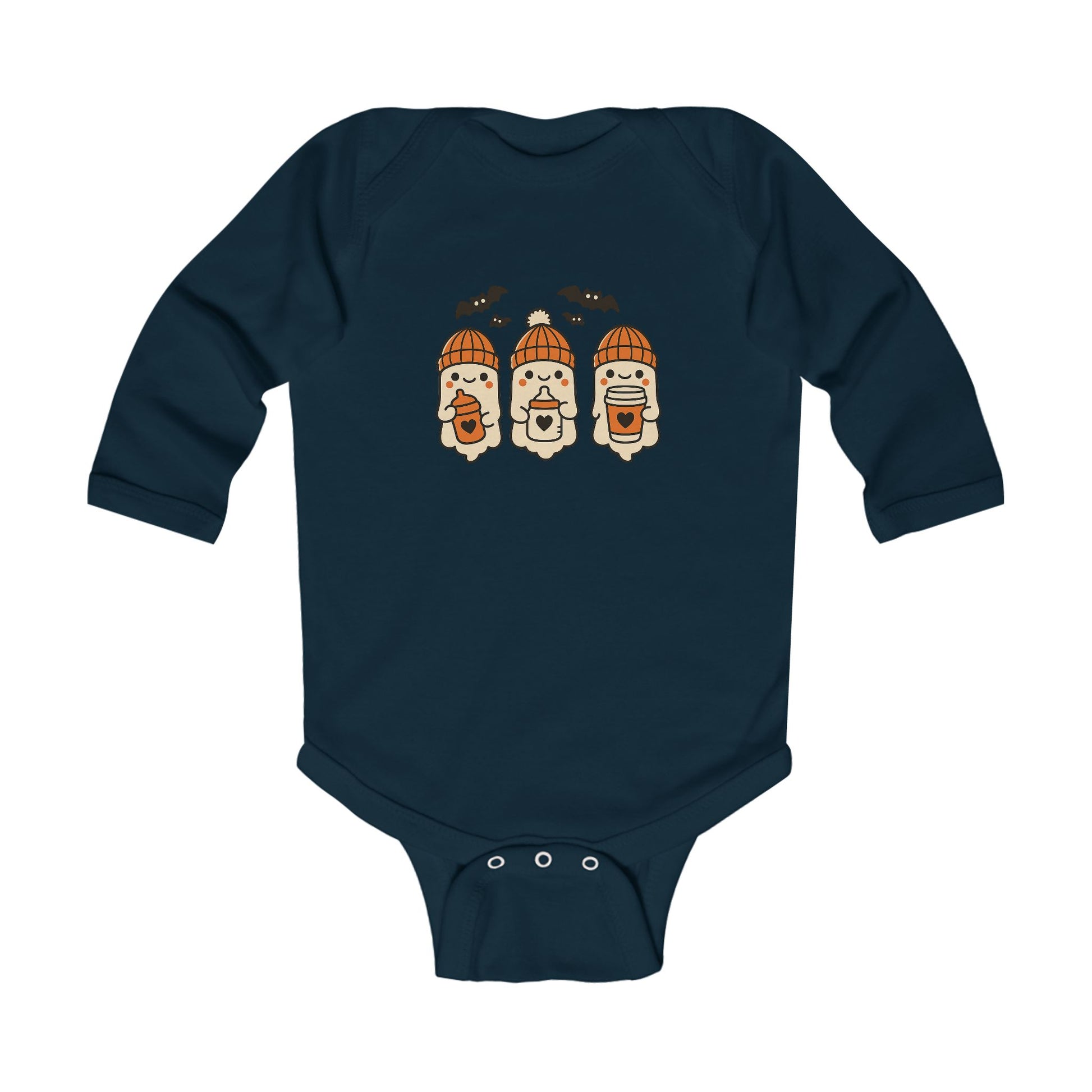 Navy blue baby long sleeve onesie with Halloween ghost beanie and bats design