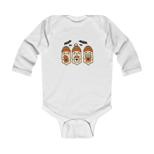 White baby long sleeve onesie with cute ghost beanie Halloween design and flying bats