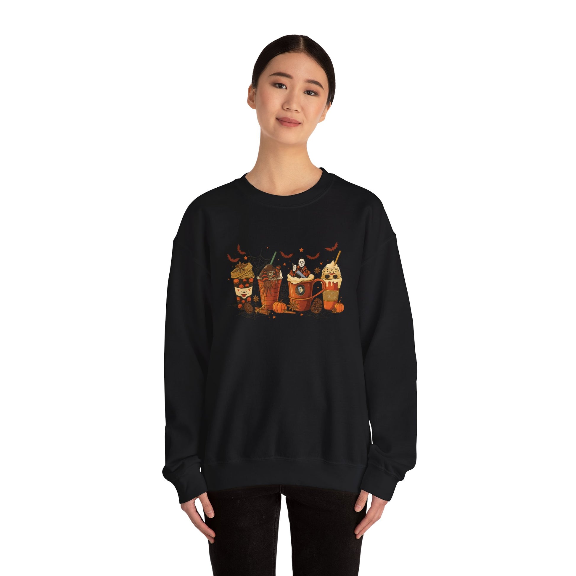 Black Gildan 18000 unisex crewneck sweatshirt with Halloween horror coffee drinks design, shown on model for cozy fit and style.