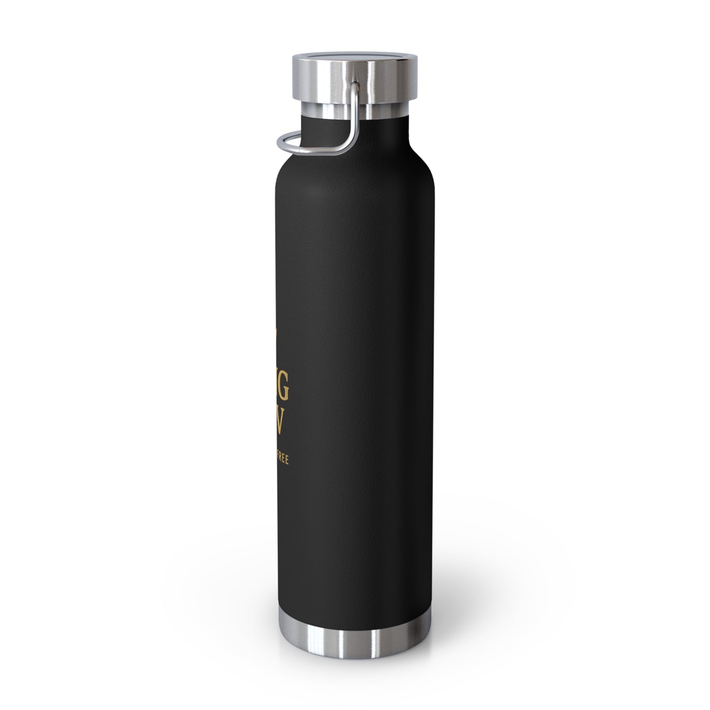 Black stainless steel King Kev water bottle with gold crown logo angled right