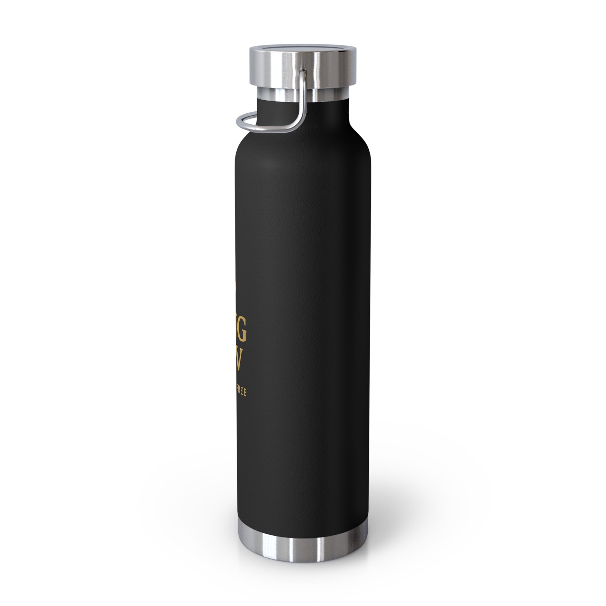 Black stainless steel King Kev water bottle with gold crown logo angled right