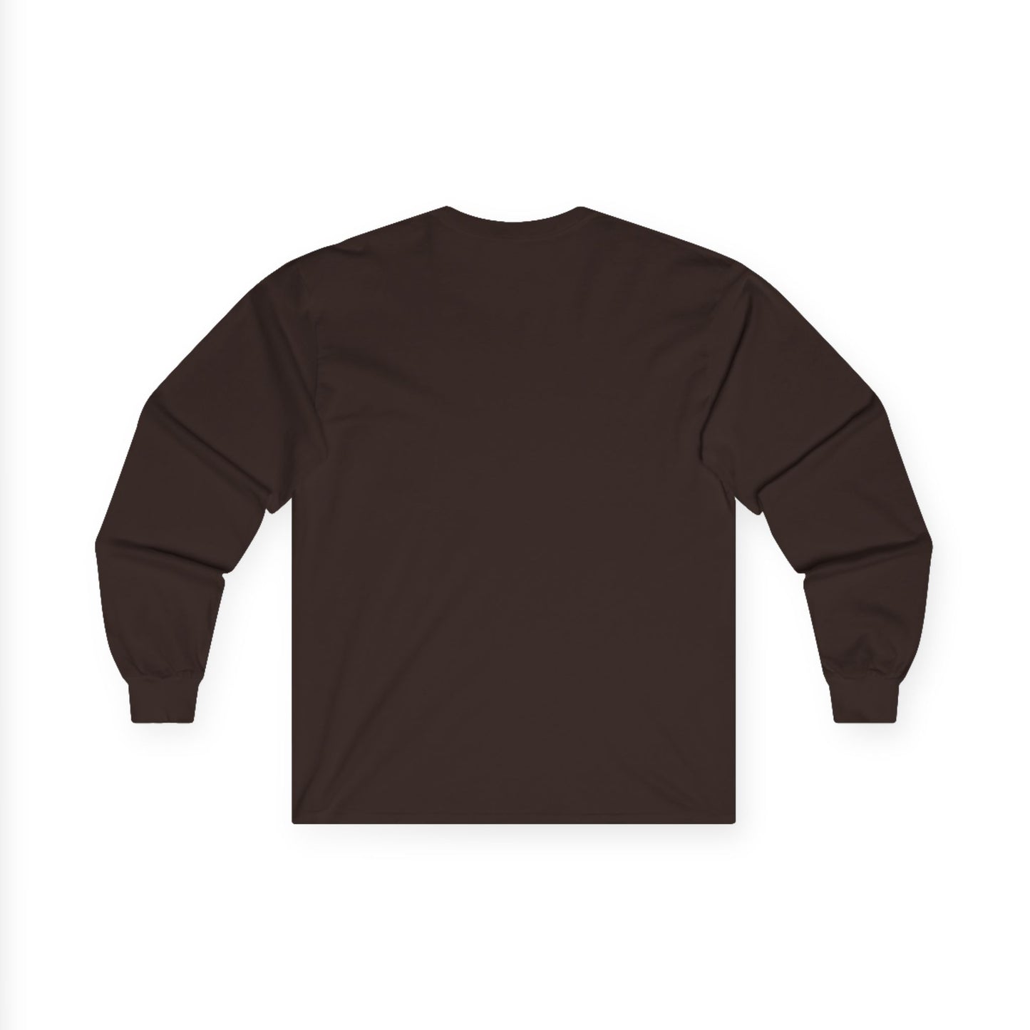 Back view of brown Gildan 2400 long sleeve unisex t-shirt, featuring cuffed sleeves and solid chocolate color design, ideal for custom printing, casual wear, and layering.