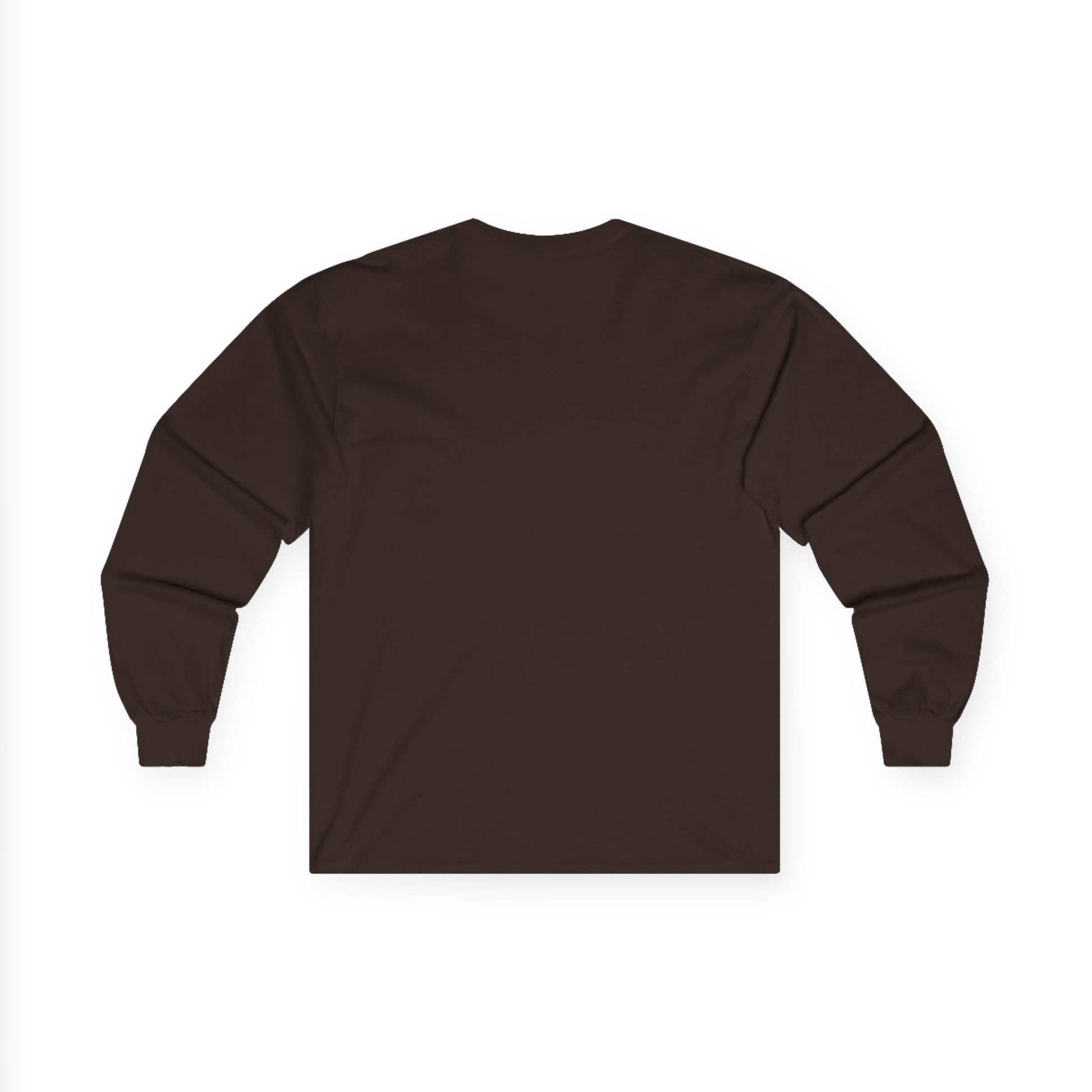 Back view of brown Gildan 2400 long sleeve unisex t-shirt, featuring cuffed sleeves and solid chocolate color design, ideal for custom printing, casual wear, and layering.