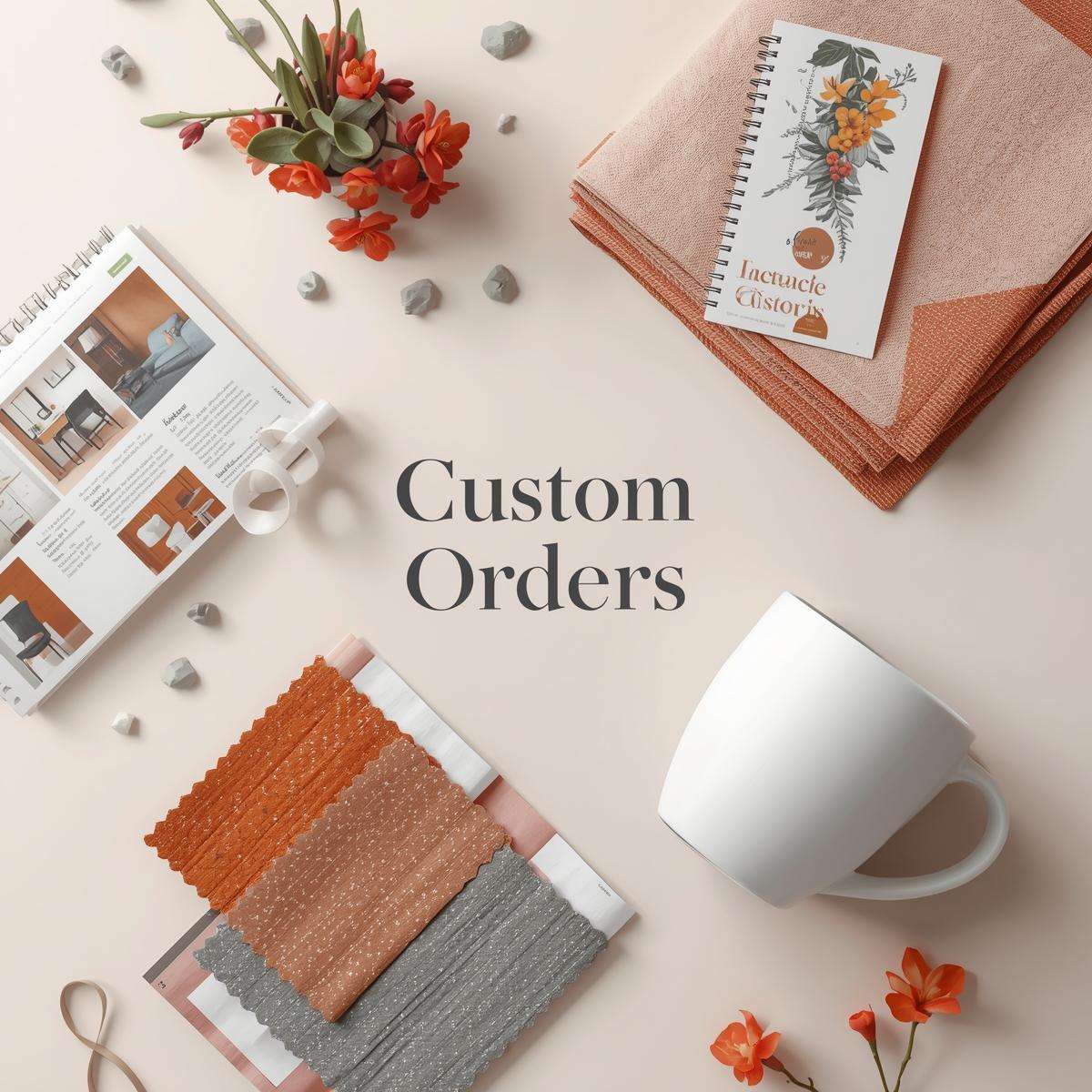 Flat lay of custom order design tools with fabric swatches, mug, flowers, and notebook on cream background
