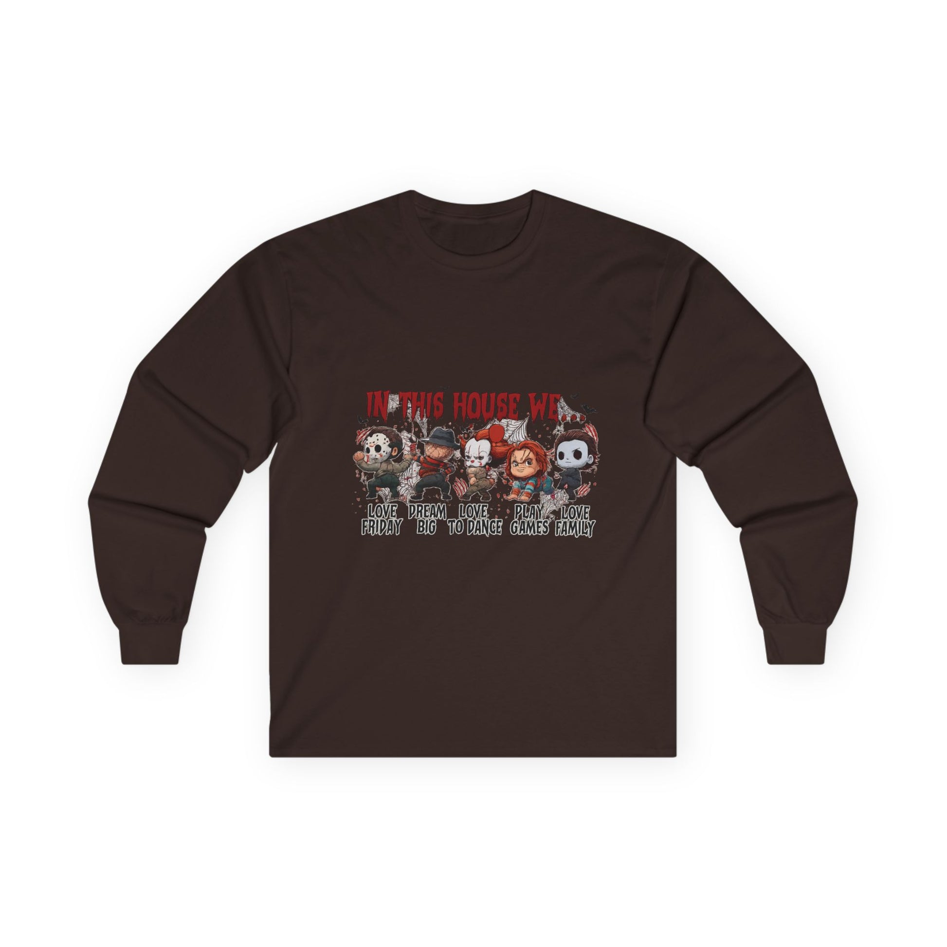 Dark brown Gildan 2400 long sleeve unisex t-shirt with Halloween “In This House We” horror movie characters graphic design.