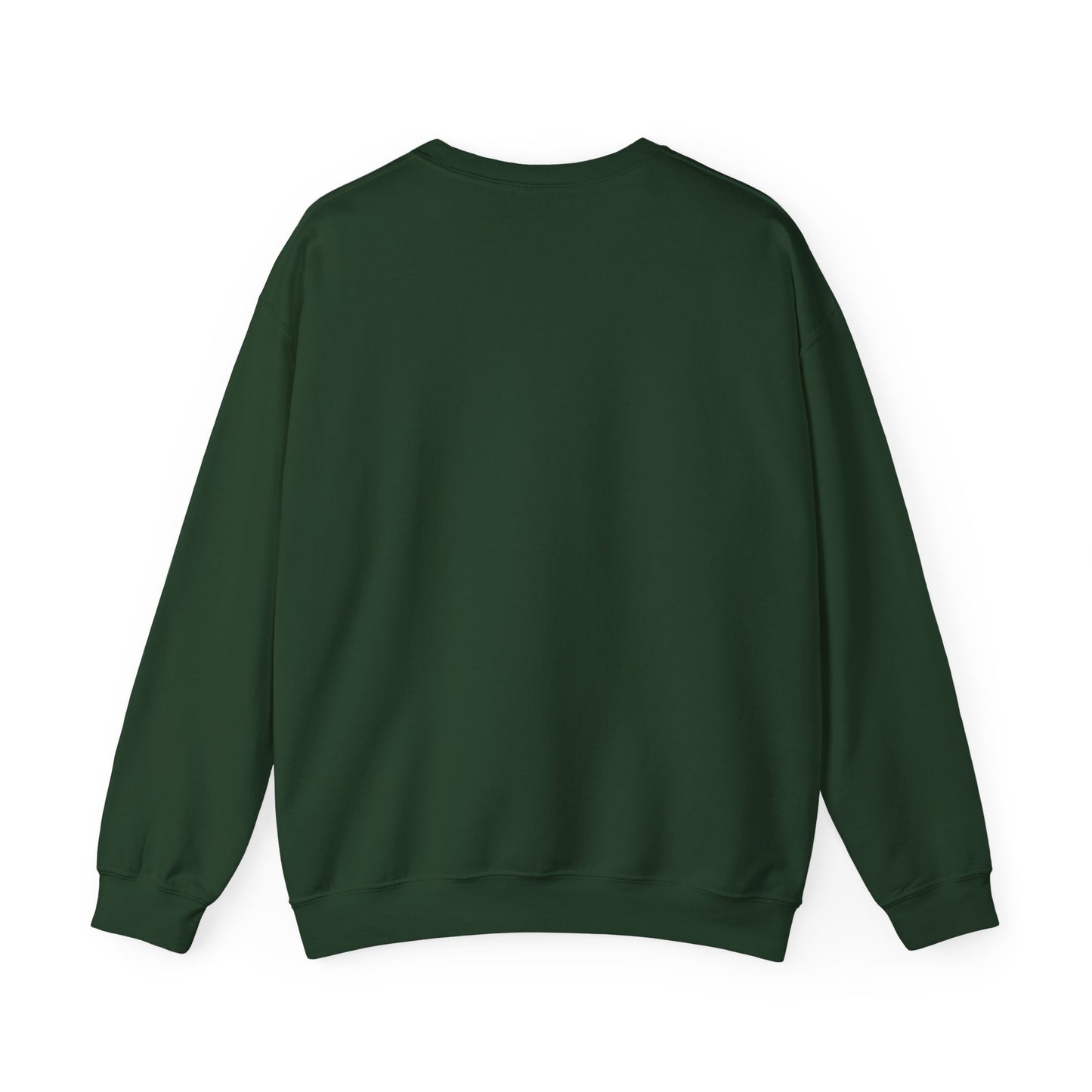 Back view of dark green Gildan 18000 unisex crewneck sweatshirt with long sleeves, solid blank color ready for custom designs.