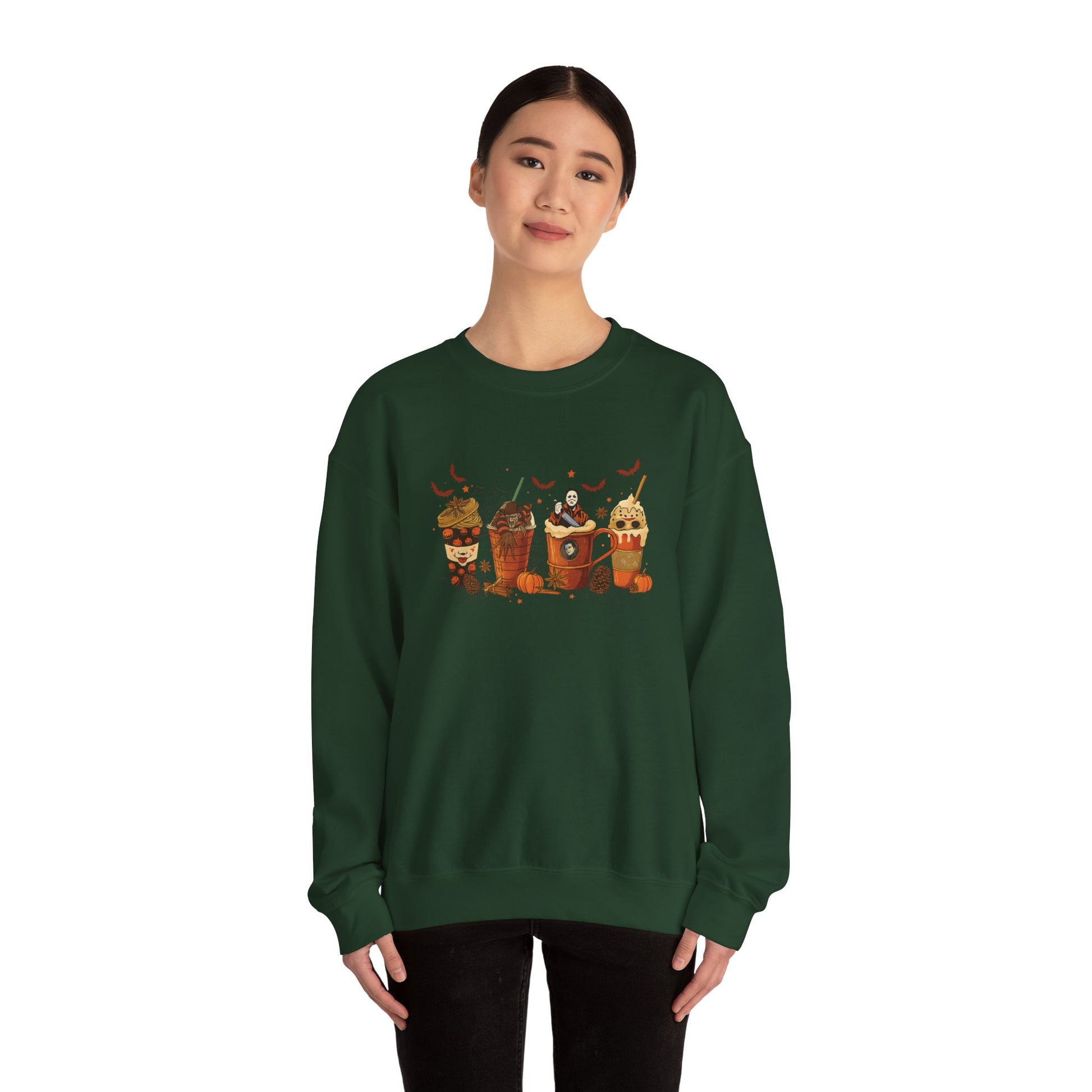 Dark green Gildan 18000 unisex crewneck sweatshirt with Halloween horror coffee drinks design, shown on model for fit and casual style.