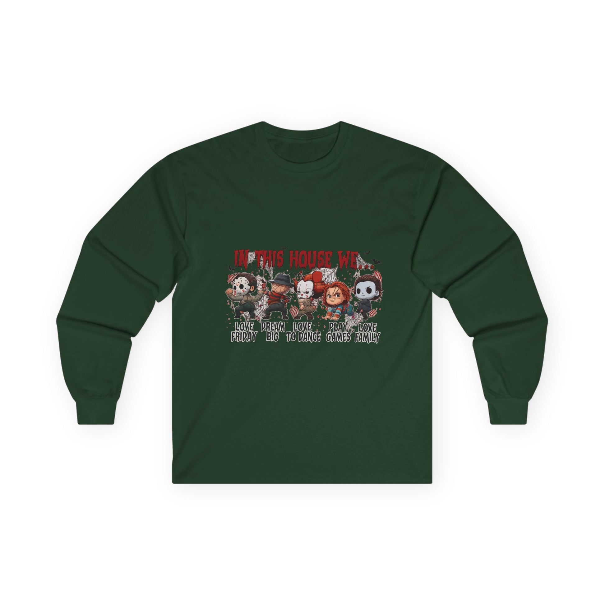 Dark green Gildan 2400 long sleeve unisex t-shirt featuring Halloween “In This House We” design with classic horror movie characters.